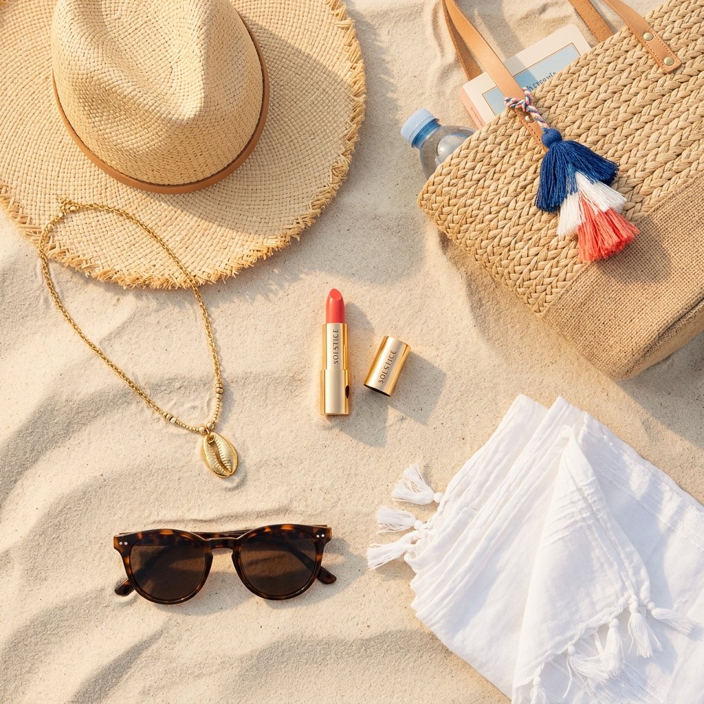 Beach accessories flat lay - straw hat, sunglasses, and gold jewelry on sand