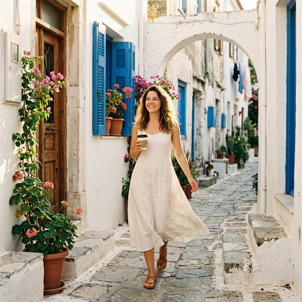 Street style in Mediterranean town - ivory dress and coffee
