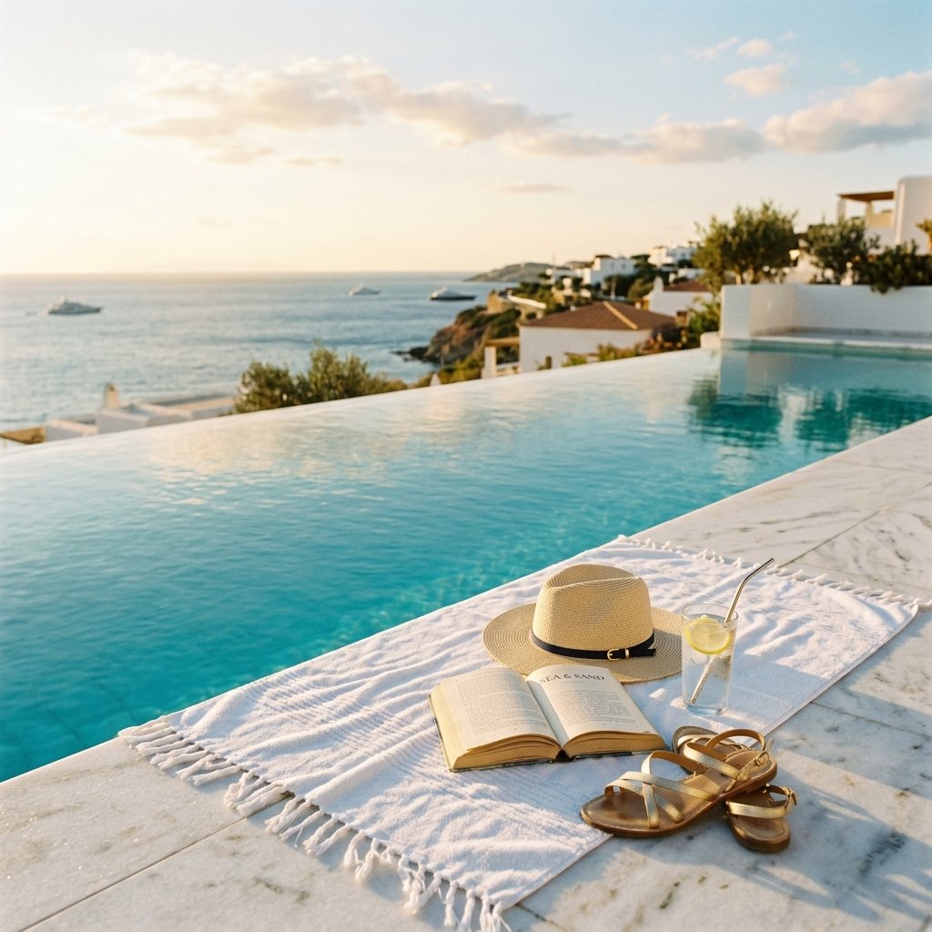 Poolside scene at luxury resort with golden hour light