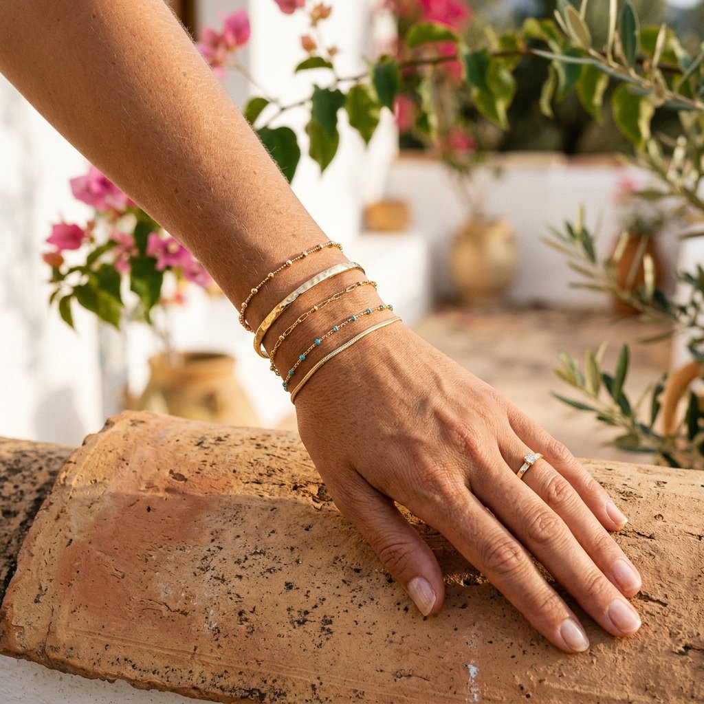 Gold bracelet stack detail on sun-kissed skin