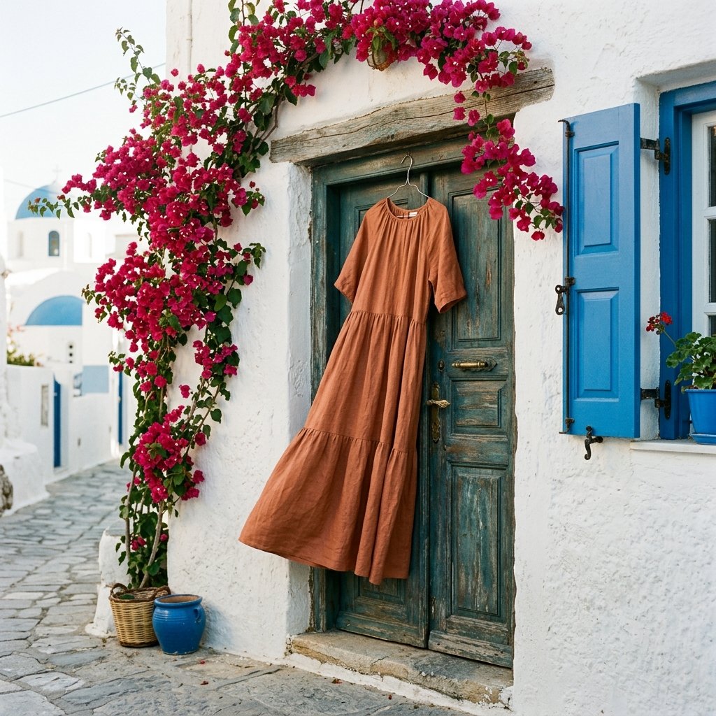 Terracotta linen dress on Greek doorway with bougainvillea