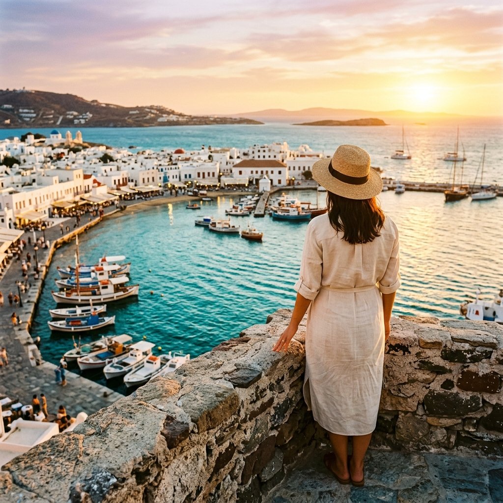 Sunset harbor view - linen dress and sun hat overlooking Mediterranean boats