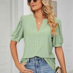 Notched Neck Eyelet Top with Puff Sleeves — Mykonos Ready - image 6