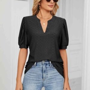 Notched Neck Eyelet Top with Puff Sleeves — Mykonos Ready - image 4