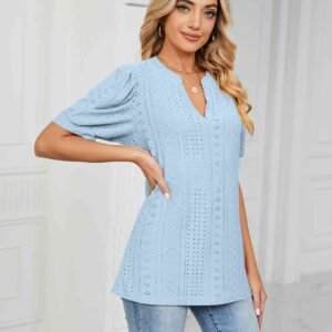Notched Neck Eyelet Top with Puff Sleeves — Mykonos Ready - image 5