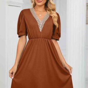 V-Neck Puff Sleeve Dress with Pockets for Resort Living - image 7