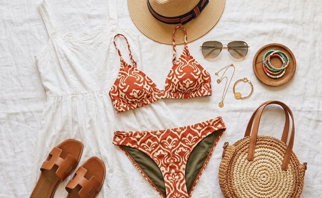 Resort vacation packing list flat lay swimsuit sandals hat | Lexazi