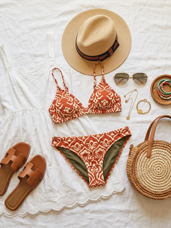 Resort vacation packing list flat lay swimsuit sandals hat | Lexazi