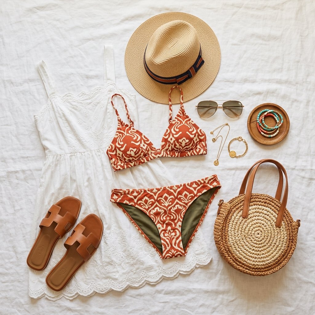 Resort vacation packing list flat lay swimsuit sandals hat | Lexazi