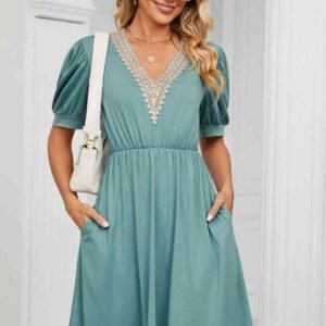 V-Neck Puff Sleeve Dress with Pockets for Resort Living - image 3