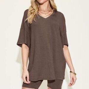 V-Neck T-Shirt & Shorts Set - Soft Rayon Blend Loungewear - image 5