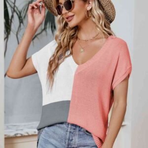 Color Block V-Neck Knit Top for Mediterranean Resort Style - image 4