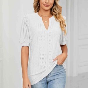 Notched Neck Eyelet Top with Puff Sleeves — Mykonos Ready - image 3