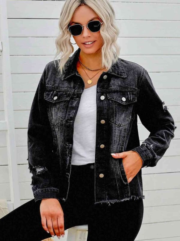 Distressed Denim Jacket with Raw Hem — Mediterranean Resort Style - alternate view