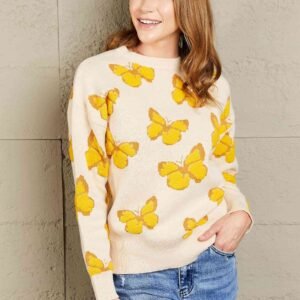 Dropped Shoulder Crewneck Sweater with Butterfly Embroidery - image 2