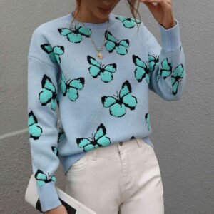 Dropped Shoulder Crewneck Sweater with Butterfly Embroidery - image 3