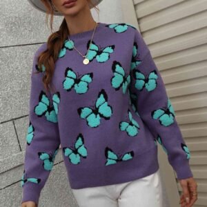 Dropped Shoulder Crewneck Sweater with Butterfly Embroidery - image 4