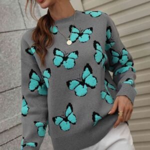 Dropped Shoulder Crewneck Sweater with Butterfly Embroidery - image 5