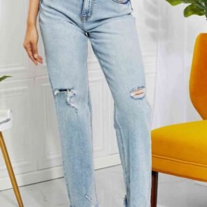 High Waist Straight Leg Jeans with Distressed Details - image 2