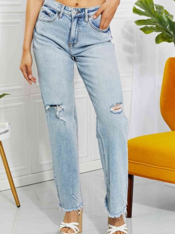 High Waist Straight Leg Jeans with Distressed Details - alternate view