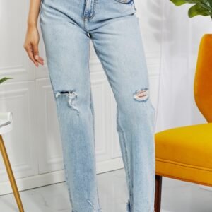 High Waist Straight Leg Jeans with Distressed Details - image 3