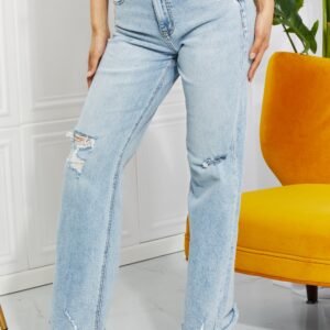 High Waist Straight Leg Jeans with Distressed Details - image 5