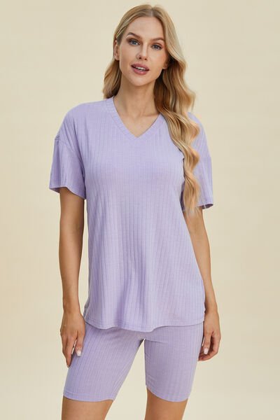 Ribbed V-Neck Top and Shorts Set for Coastal Lounging - alternate view