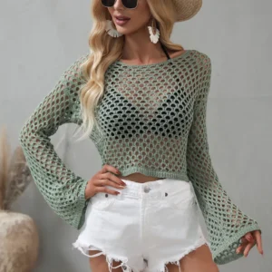 Openwork Flare Sleeve Cropped Cover Up for Resort - image 2