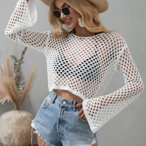 Openwork Flare Sleeve Cropped Cover Up for Resort - image 3