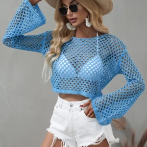 Openwork Flare Sleeve Cropped Cover Up for Resort - image 4