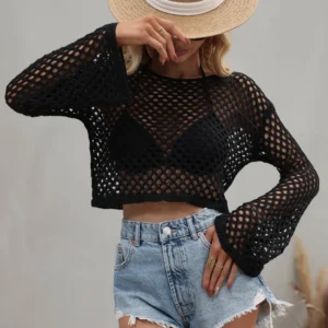 Openwork Flare Sleeve Cropped Cover Up for Resort - image 5