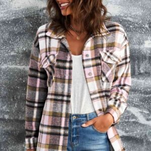 Plaid Button Front Shirt Jacket with Pockets for Resort Layering - image 3