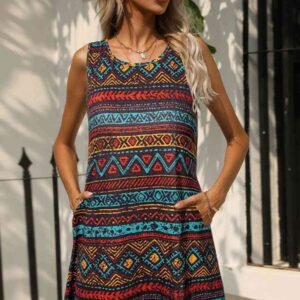 Printed Sleeveless Round Neck Dress with Pockets for Resort - image 5