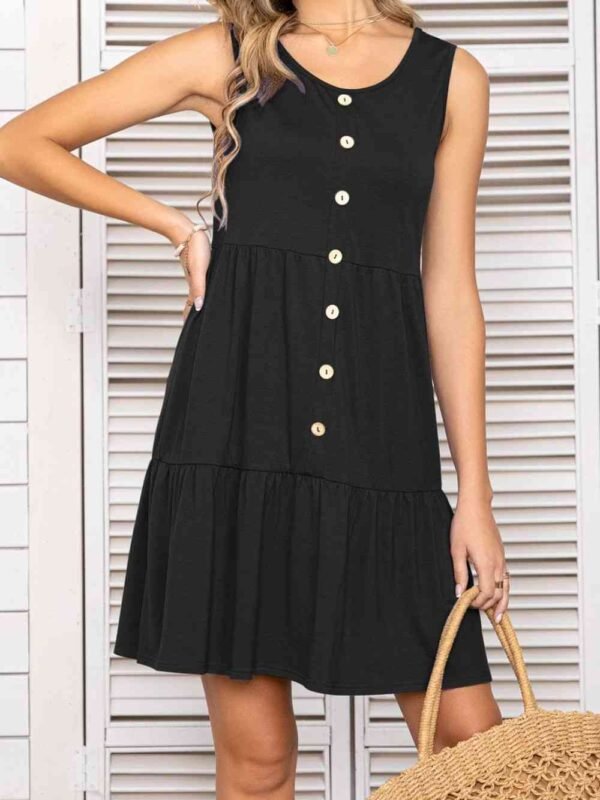 Scoop Neck Sleeveless Tiered Dress with Buttons – Mediterranean Style - alternate view