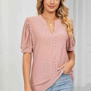Notched Neck Eyelet Top with Puff Sleeves — Mykonos Ready - image 2
