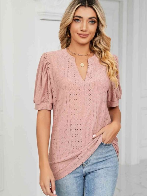 Notched Neck Eyelet Top with Puff Sleeves — Mykonos Ready - alternate view