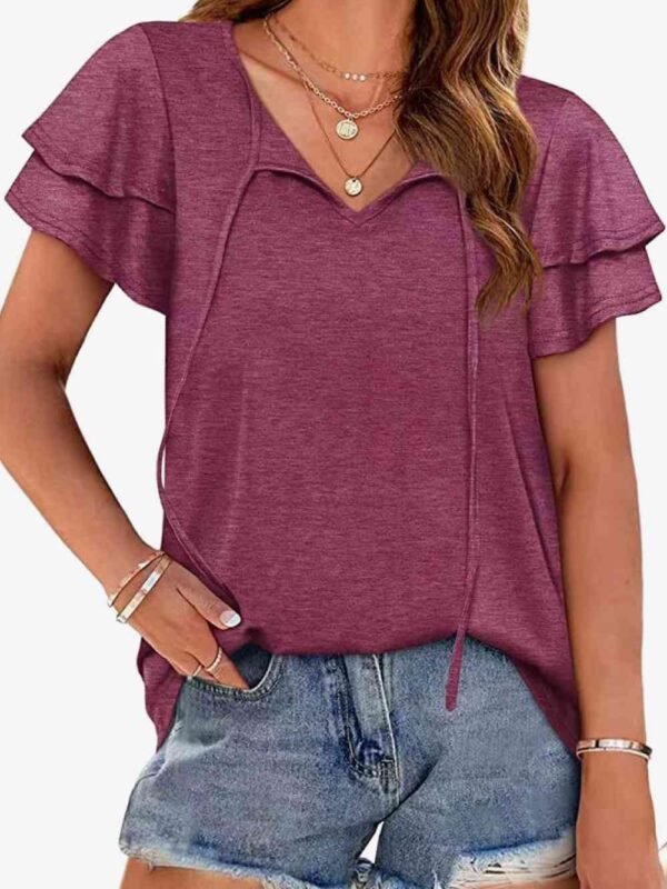 Tie-Neck Flutter Sleeve Blouse for Coastal Getaways - alternate view