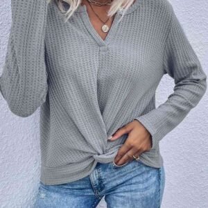 Waffle Knit Long Sleeve Top with Twist Front - image 6