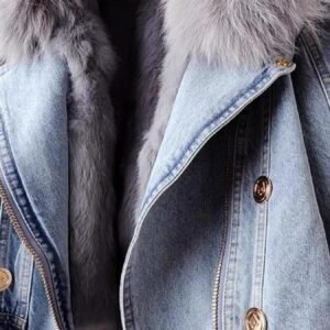 Plus Size Faux Fur Collar Denim Jacket - Resort Style - image 3