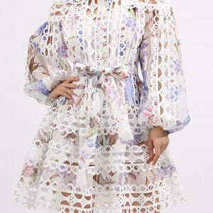 Lace Eyelet Mini Holiday Dress with Balloon Sleeves - image 5