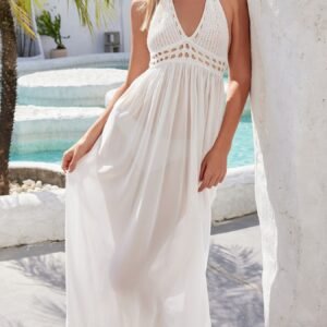 Crochet Halter Maxi Beach Cover Ups | White Polyester - image 1