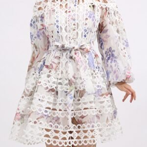 Lace Eyelet Mini Holiday Dress with Balloon Sleeves - image 2