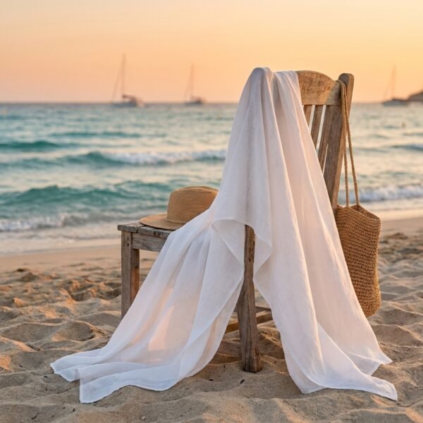 Women's beach cover-ups and swimsuit cover up kaftan draped on a Mediterranean seaside chair