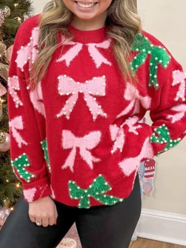Red Bow Pearl Christmas Sweater | Holiday Sweater Sets - View 1