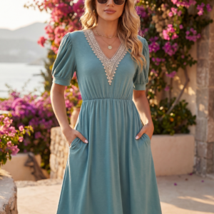 V-Neck Puff Sleeve Dress with Pockets for Resort Living - image 1
