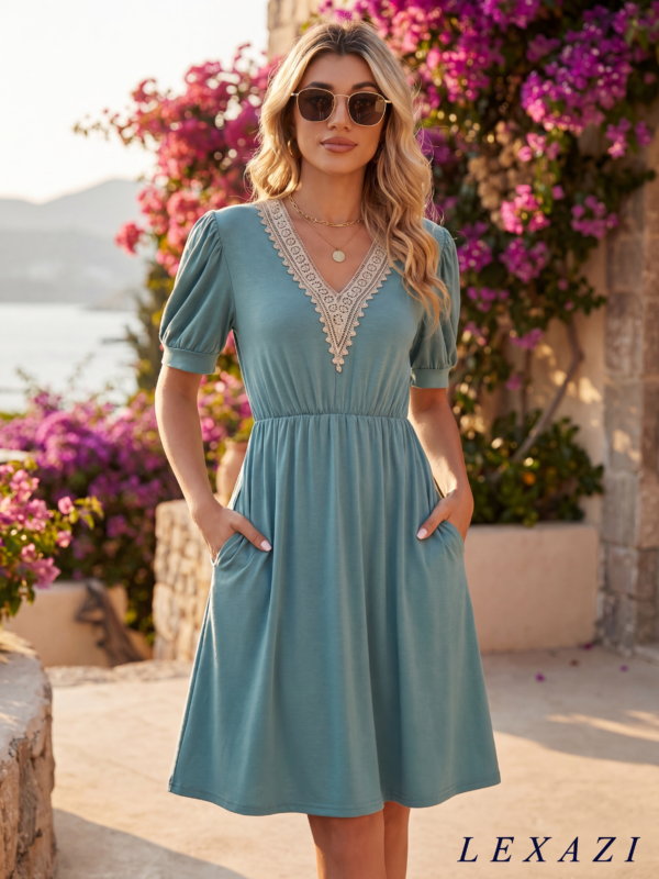 V-Neck puff sleeve resort dress for women by Lexazi, Mediterranean villa setting