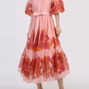 Button Front Puff Sleeve Dress - Pink - image 1