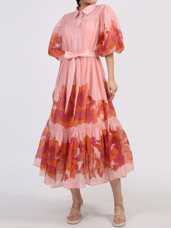 Button Front Puff Sleeve Dress - Pink | LEXAZI - Image 1