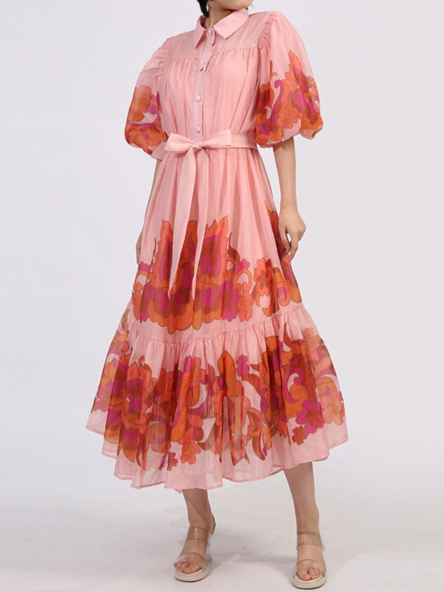 Button Front Puff Sleeve Dress - Pink
