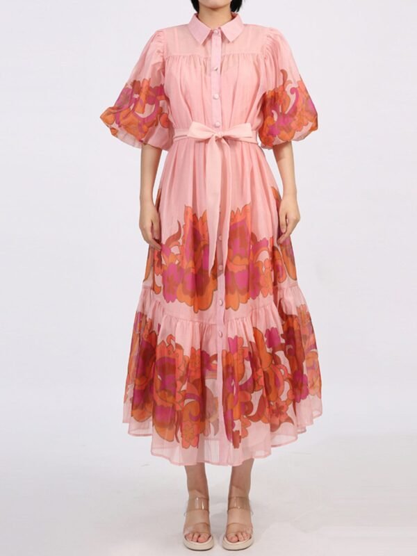 Button Front Puff Sleeve Dress - Pink - alternate view